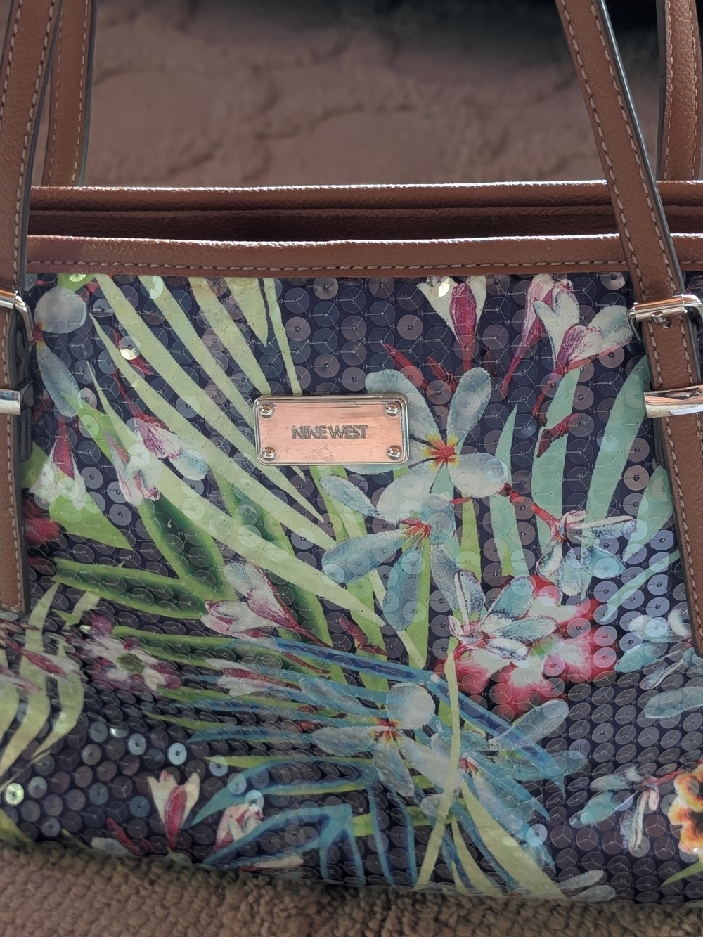 Nine West Floral Sequin Tote Bag in Multicolor and Brown Trim